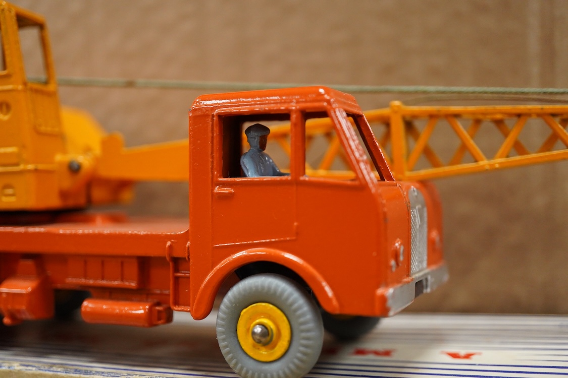 Three boxed Dinky Toys and Supertoys; a Foden FG with chains in green (905), Horse Box in BR livery (981), and a 20-ton Lorry-Mounted Coles Crane (972)